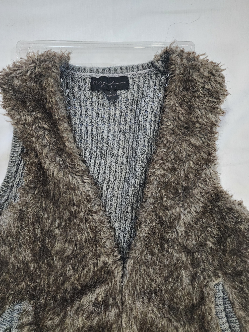 Vintage Havana Faux Fur Front V-Neck Sweater Vest - Brown/Gray